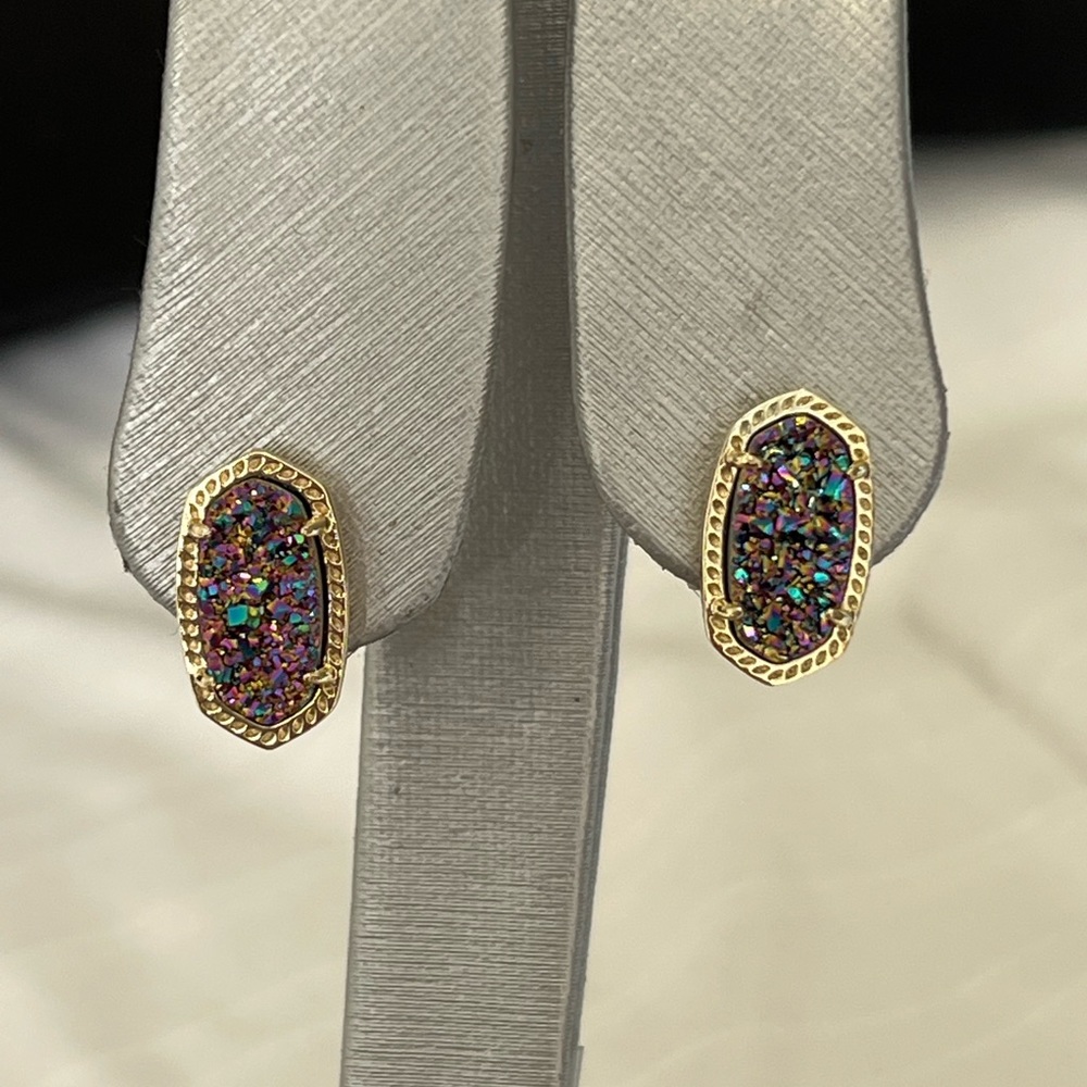 NWT Kendra Scott RARE & Retired Ellie Earrings Multi Colored Drusy Yellow Gold! - Picture 10 of 17